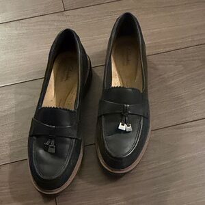 Clarks Women's Black Leather Loafers with Silver Accents